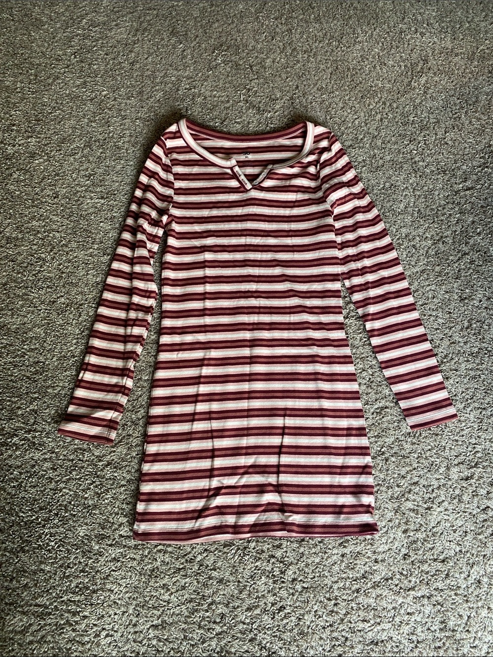 SO Striped Long Sleeve Dress in Burgundy and White